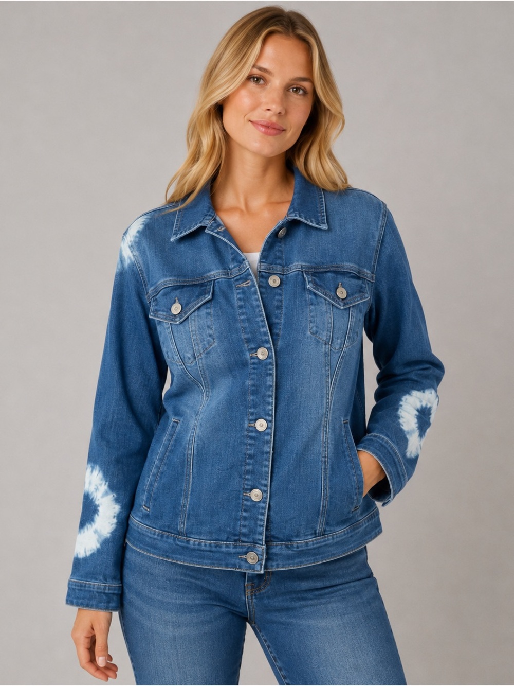 Chicos Jean Jacket Tie Dye Accents Pockets Stretch Medium Wash Boho size 3 = XL